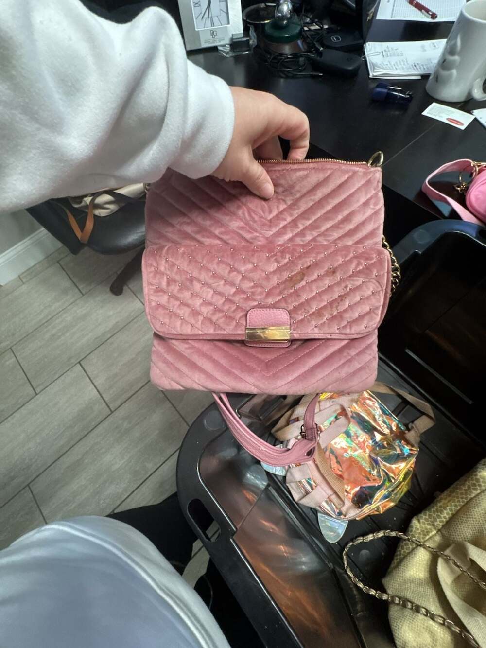 Big Buddha Quilted Mauve Velvet Crossbody Shoulder Bag with Studs